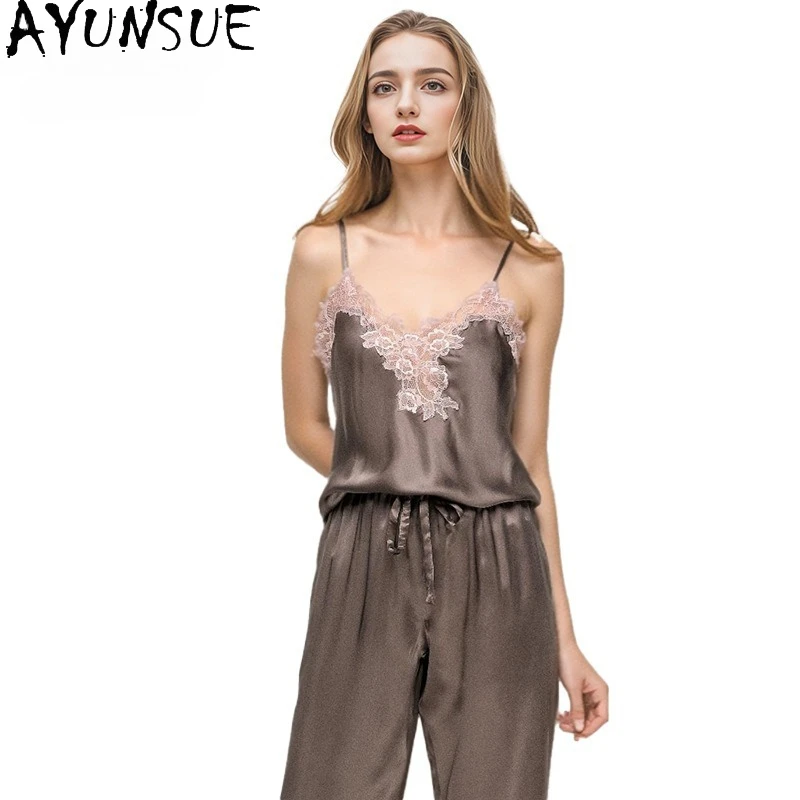 

AYUNSUE, 19 мм, 100% шелковый пижамный комплект из тутового шелка, одежда для сна, женская летняя одежда, короткий топ без рукавов, повседневные брюки, комплекты, женская одежда