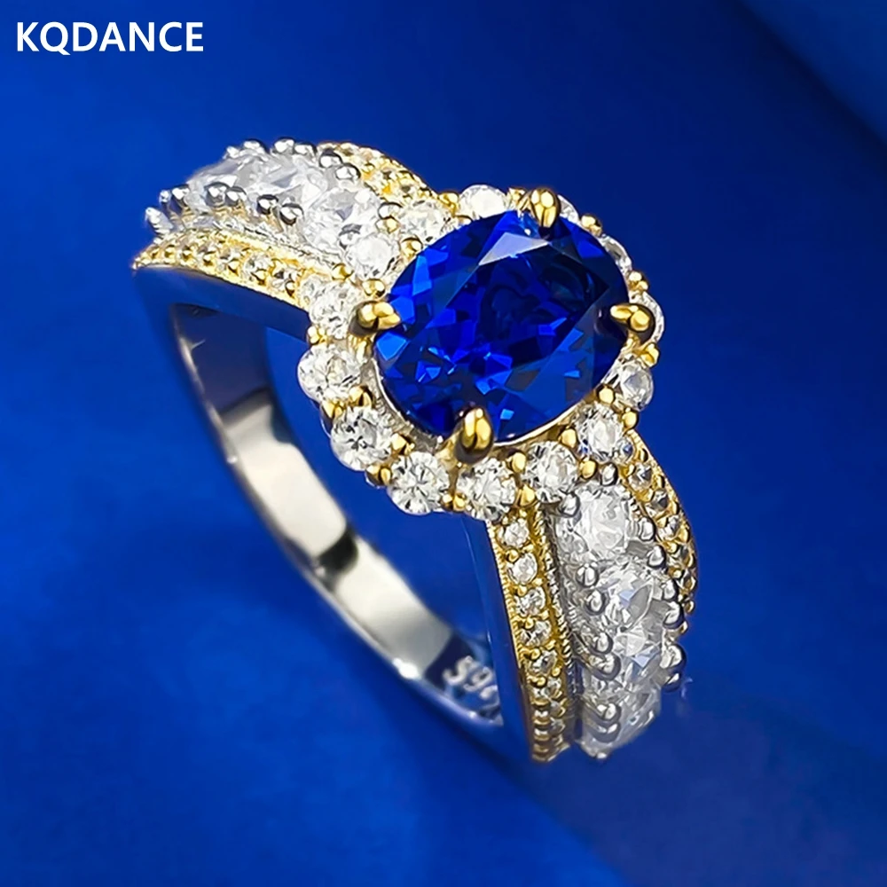 KQDANCE Vinate 925 Sterling Silver Oval Cut 6*8mm Created Sapphire Blue Gemstone High Carbon Diamonds Ring Women Fine Jewelry