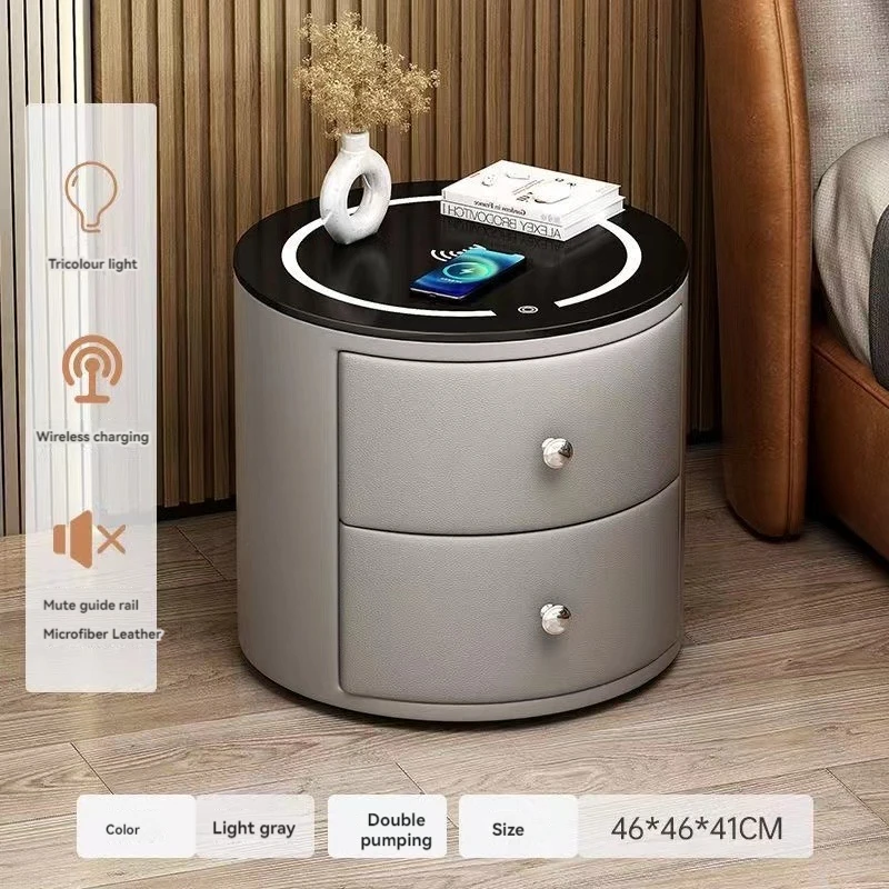 طاولة بجانب السرير فاخرة وذكية مع غلاف جلدي بثلاثة أدراج للتخزين ورف بجانب السرير للشحن اللاسلكي #5