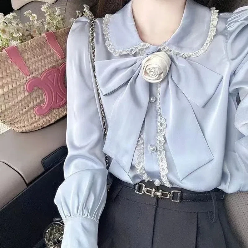 Lace Ruffles Patchwork Trend Blouse Spring Autumn New Long Sleeve Solid Bow Fashion Shirt Tops Elegant Temperament Women Clothes