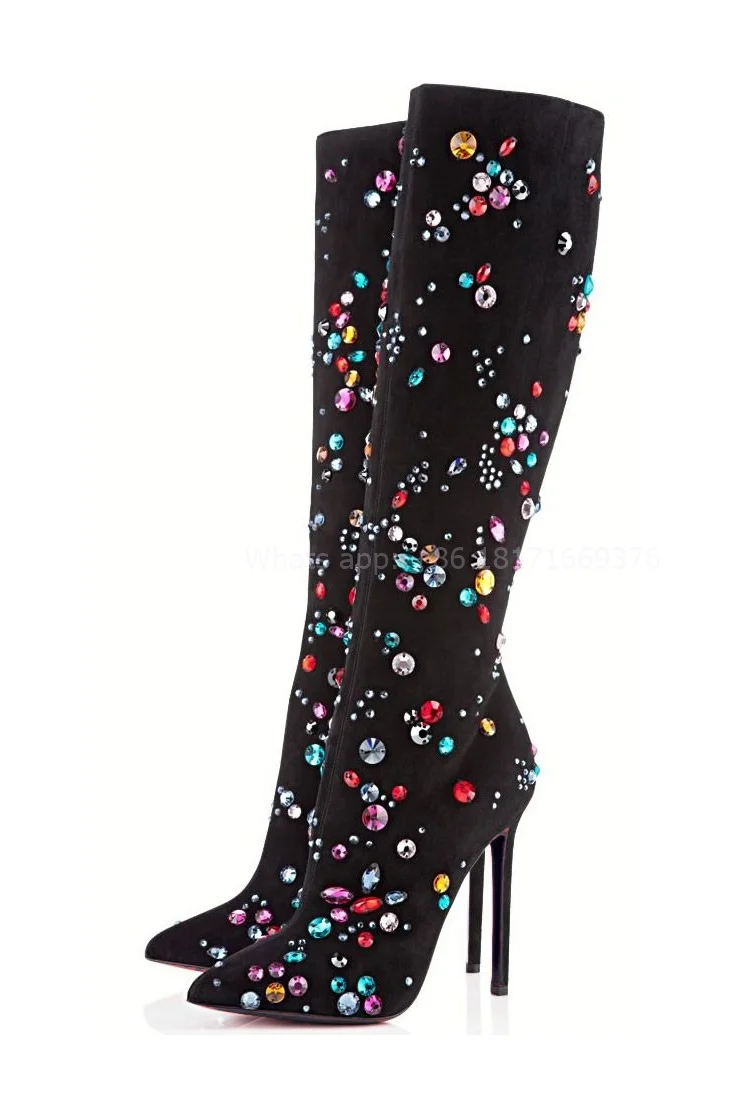 Knee High Luxury Rhinestone Pointed Toe Boots Lady Stiletto High Heel Sexy Diamond Boots Fashion Dress Women Shoes 2024 Sparkle