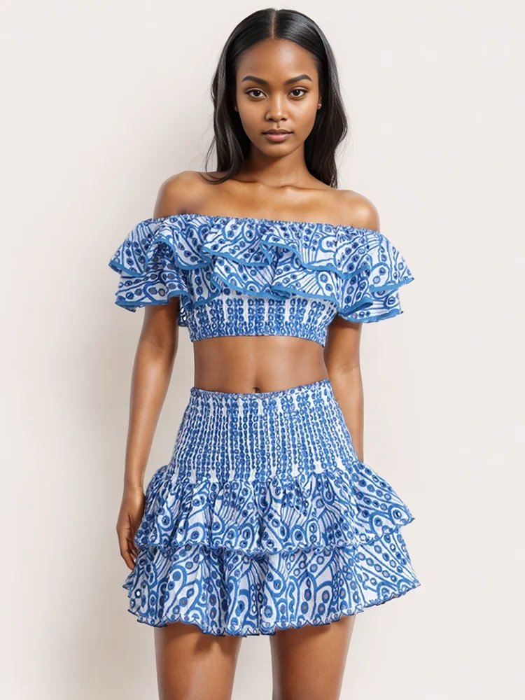 ROMISS Colorblock Two Piece Sets For Women Slash Neck Short Sleeve Top High Waist Patchwork Ruffles Skirt Print Set Female