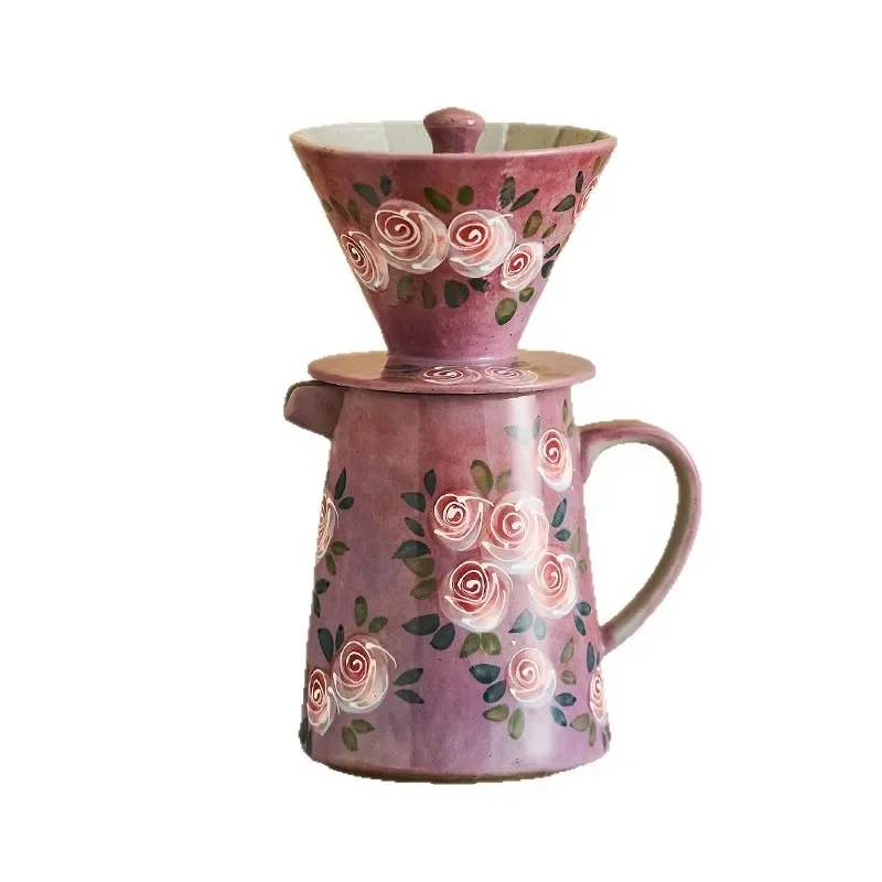 Underglaze hand-painted literary rose hand-brewed coffee filter funnel hand-ground coffee pot filter sharing pot filter cup