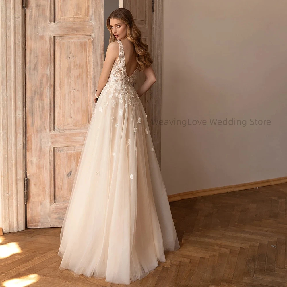 

2024 Elegant Backless Princess Wedding Dresses V-Neck Sleeveless A-Line Bridal Gowns Boho Lace Appliques Vestido de Noiva