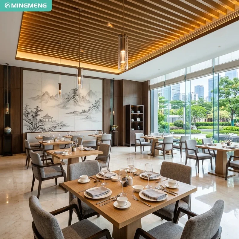 Modern New Chinese Hotel Dining Furniture Solid Wood Square Dining Table Fabric Arm Chair Booth Seating for Restaurant Project