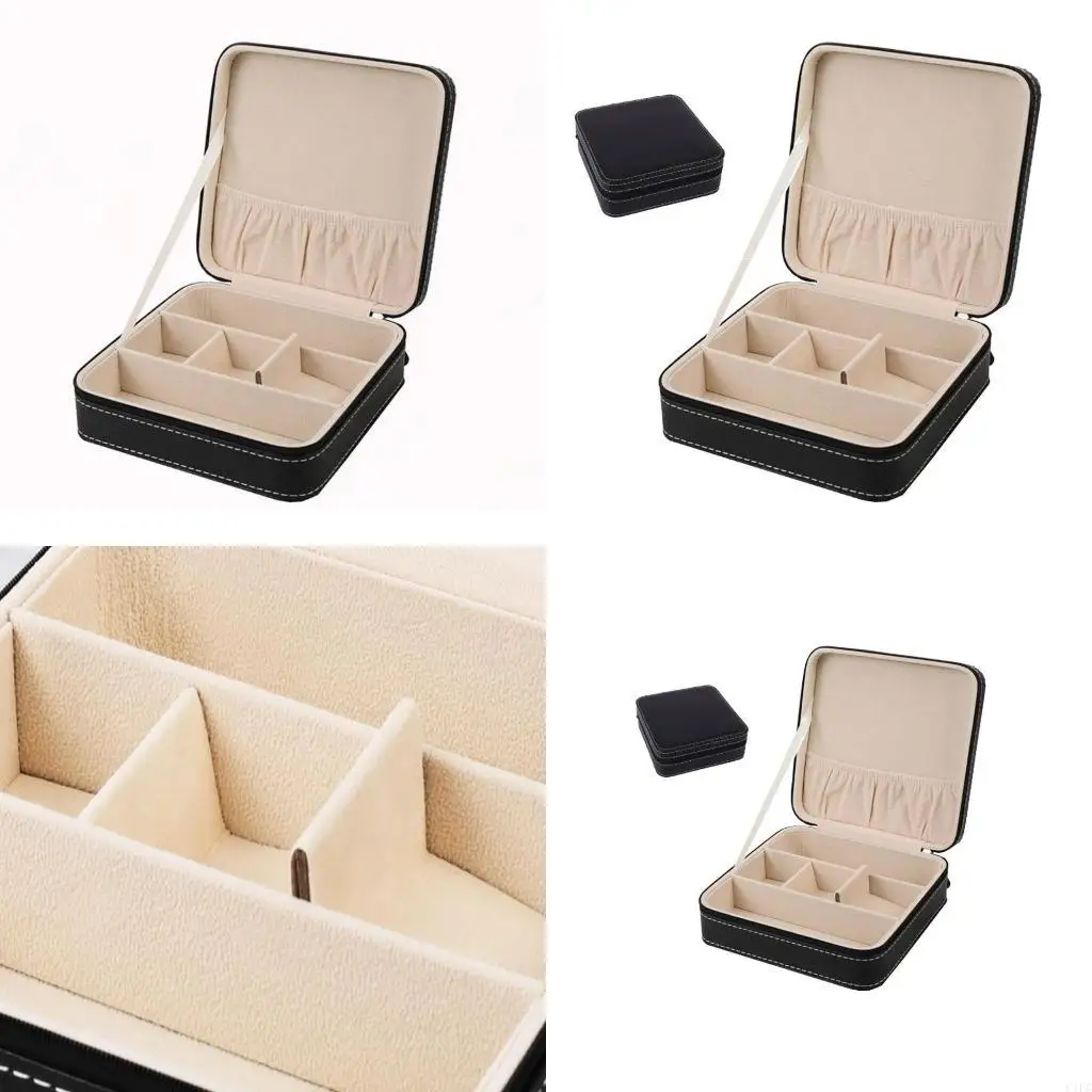 

Black Leather Zipper Bag with Precise Sewing Line and Cover to Separate Multifunctional Glasses Watch Storage Box