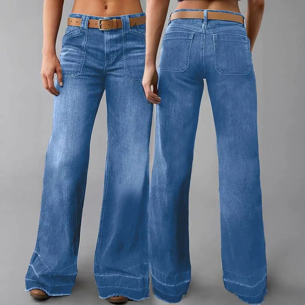 

TeMU 2025 Women's Fashion Mid-Waist Elastic Wide Leg Straight Jeans Long Pants Spring Autumn Comfortable Stretch Denim Trousers
