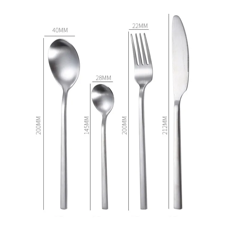 Thickened Stainless Steel Square Handle Cutlery Matte Tableware  Table Knife Salad Fork Dessert Spoon Silverware for Kitchen