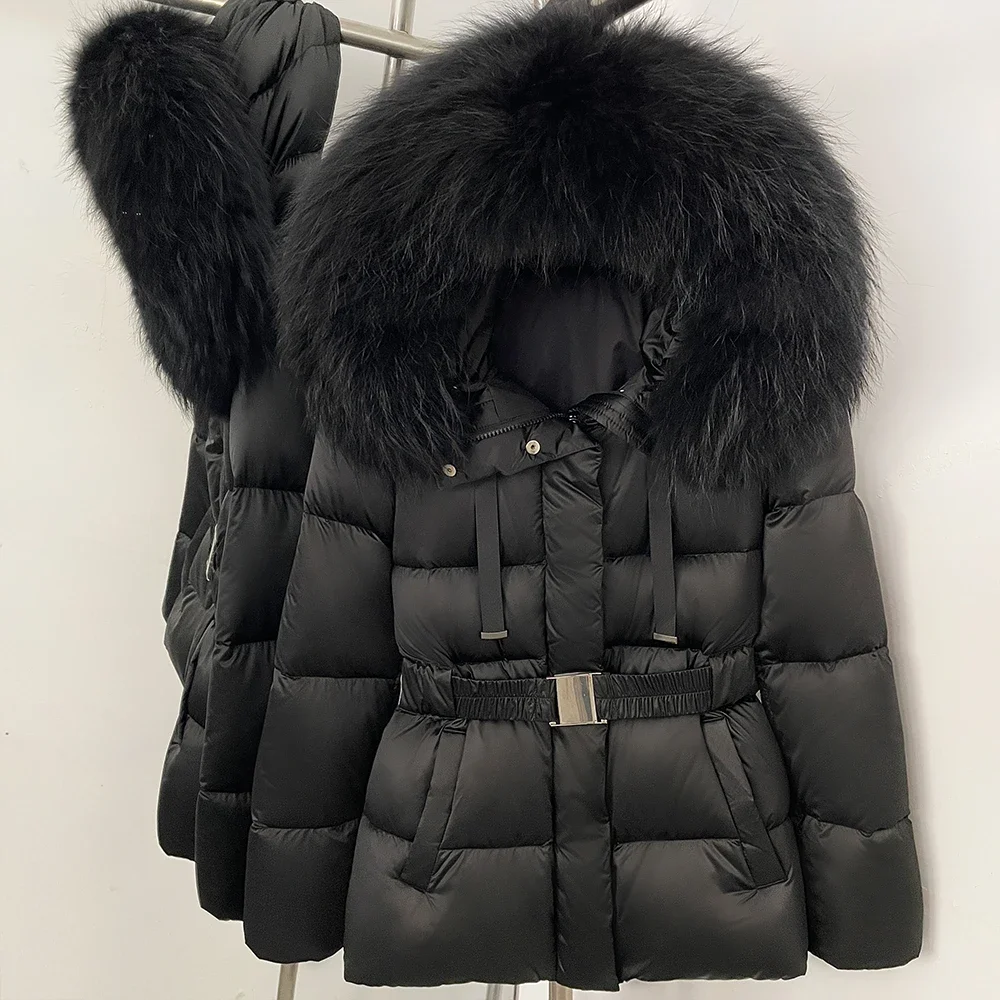 OFTBUY Winterjacke mit Echtem Kaninchenfellkragen, 90% Entendaunen, Damenjacke mit Reißverschluss und Taillenbund, Modische Echte Pelzoberbekleidung für Damen – Detail 4