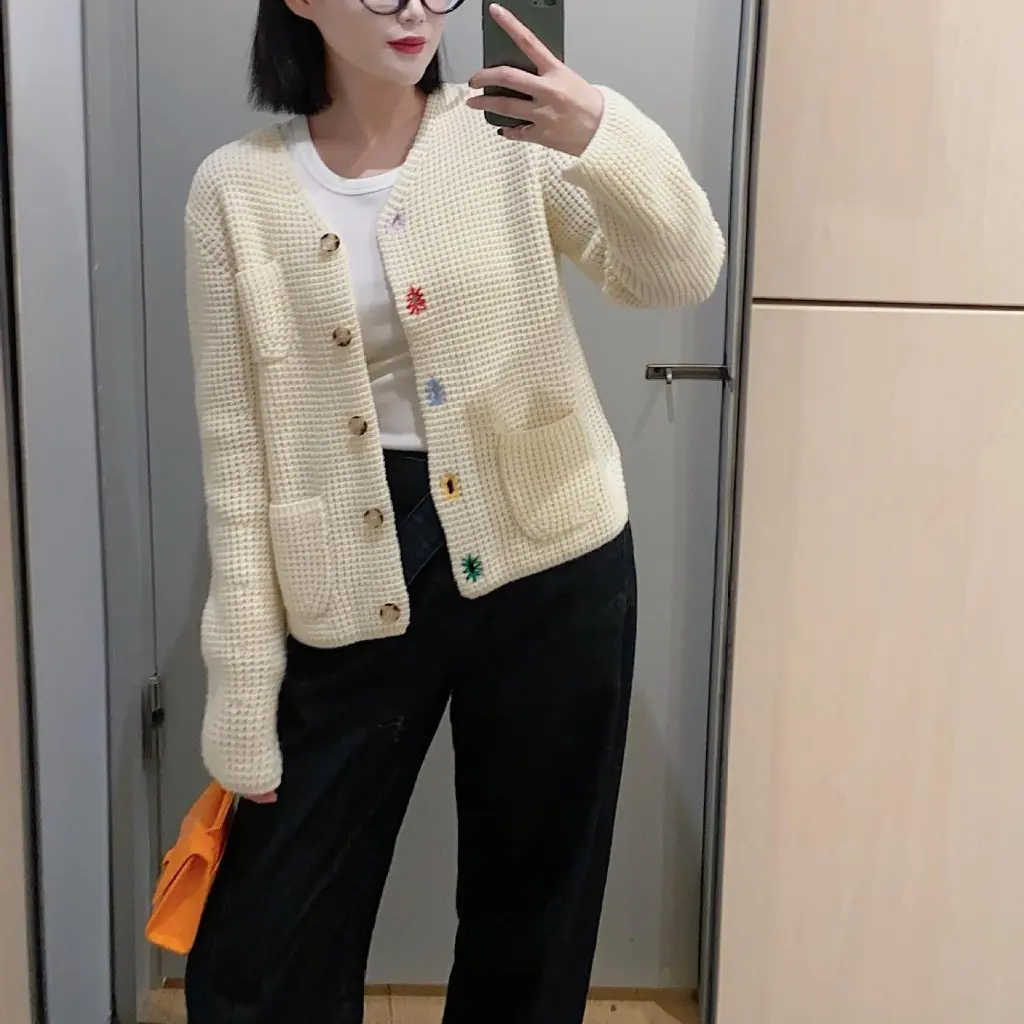 

Women's Autumn Versatile Temperament V-Neck Knitted Wool Cardigan Color Button Hole Pocket Design F111707