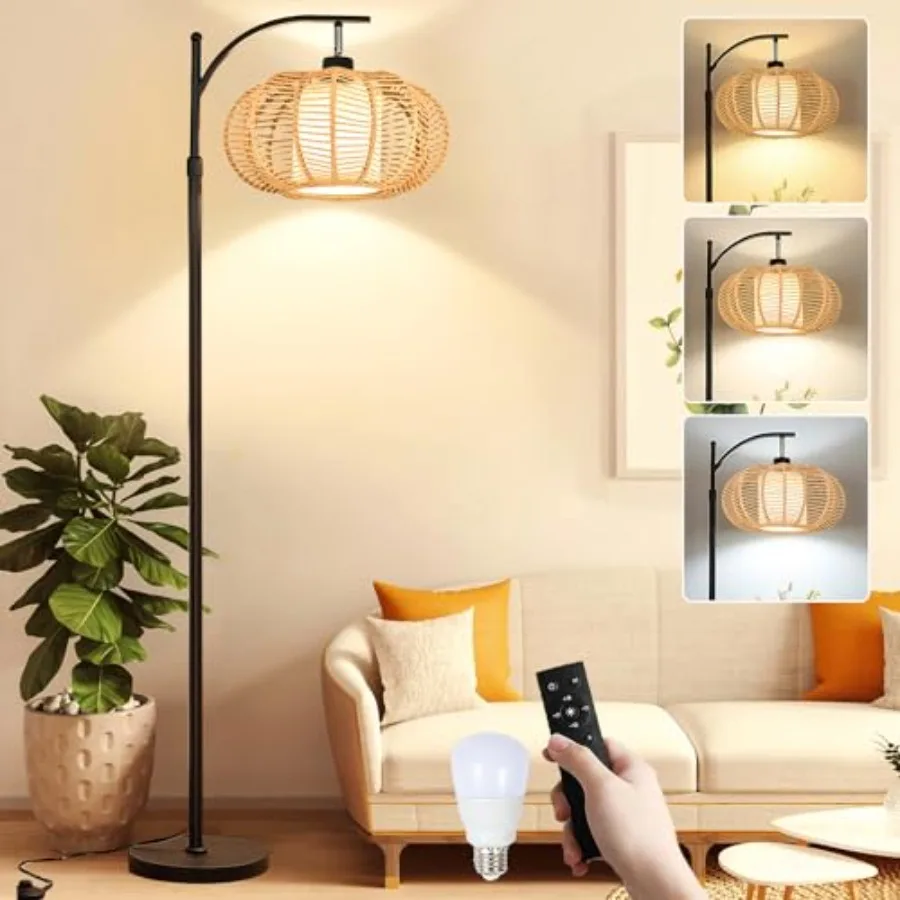 

Arc Floor Lamps for Living Room Bedroom Rattan Boho Floor Lamp with Remote Control, Dimmable Led Standing Lamp Wicker Lamp Shad