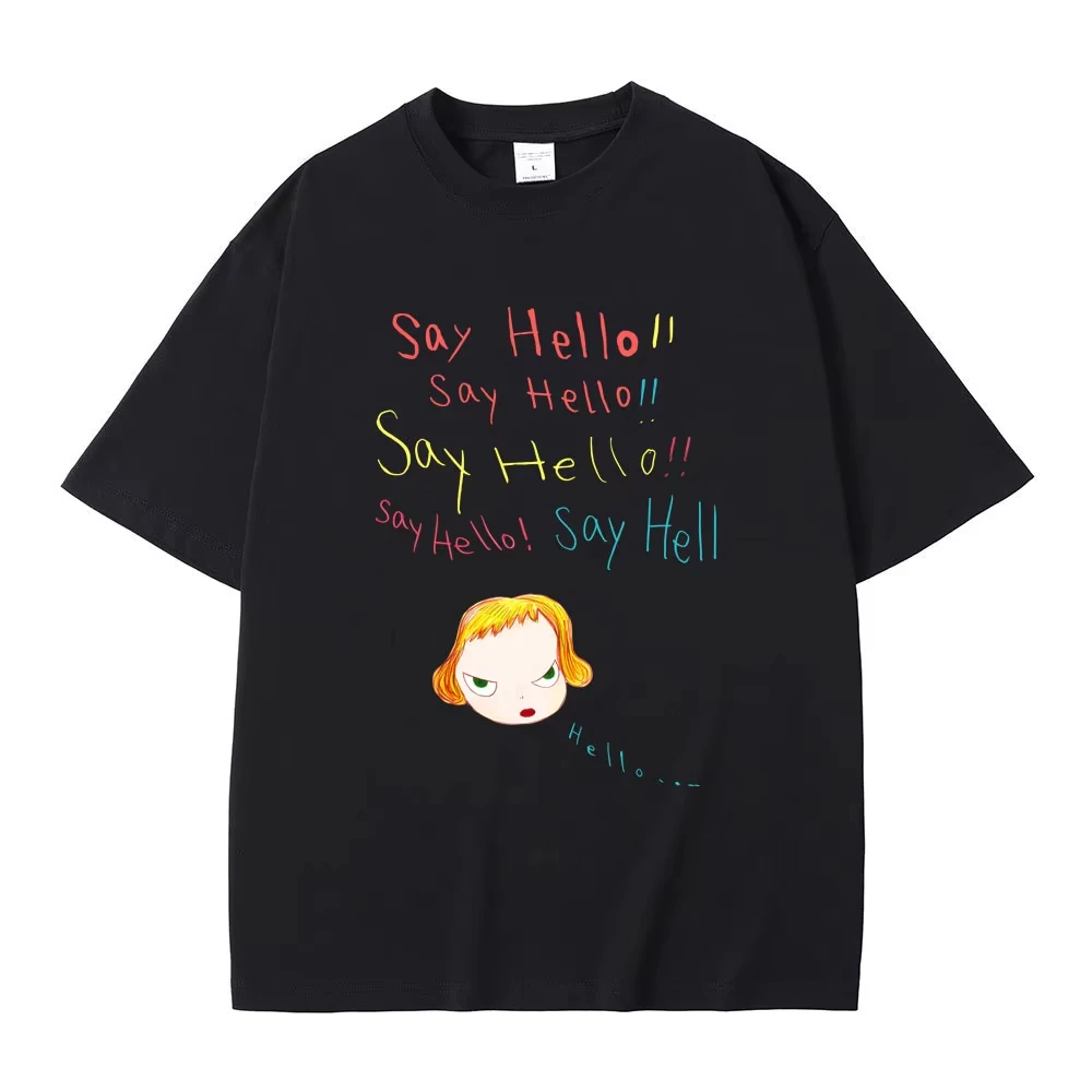 Yoshitomo Nara Say Hello Funny Meme T Shirts Summer Men Women Casual Versized T-shirt Unisex Y2k Art Aesthetic T-shirts