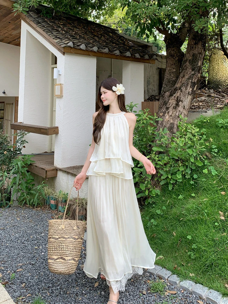 

Summer 2026 Women's Lace Halter Top And Midi Skirt Set Double Layer Ruffle Hem Casual Loose Fit round Neckline No Sleeve