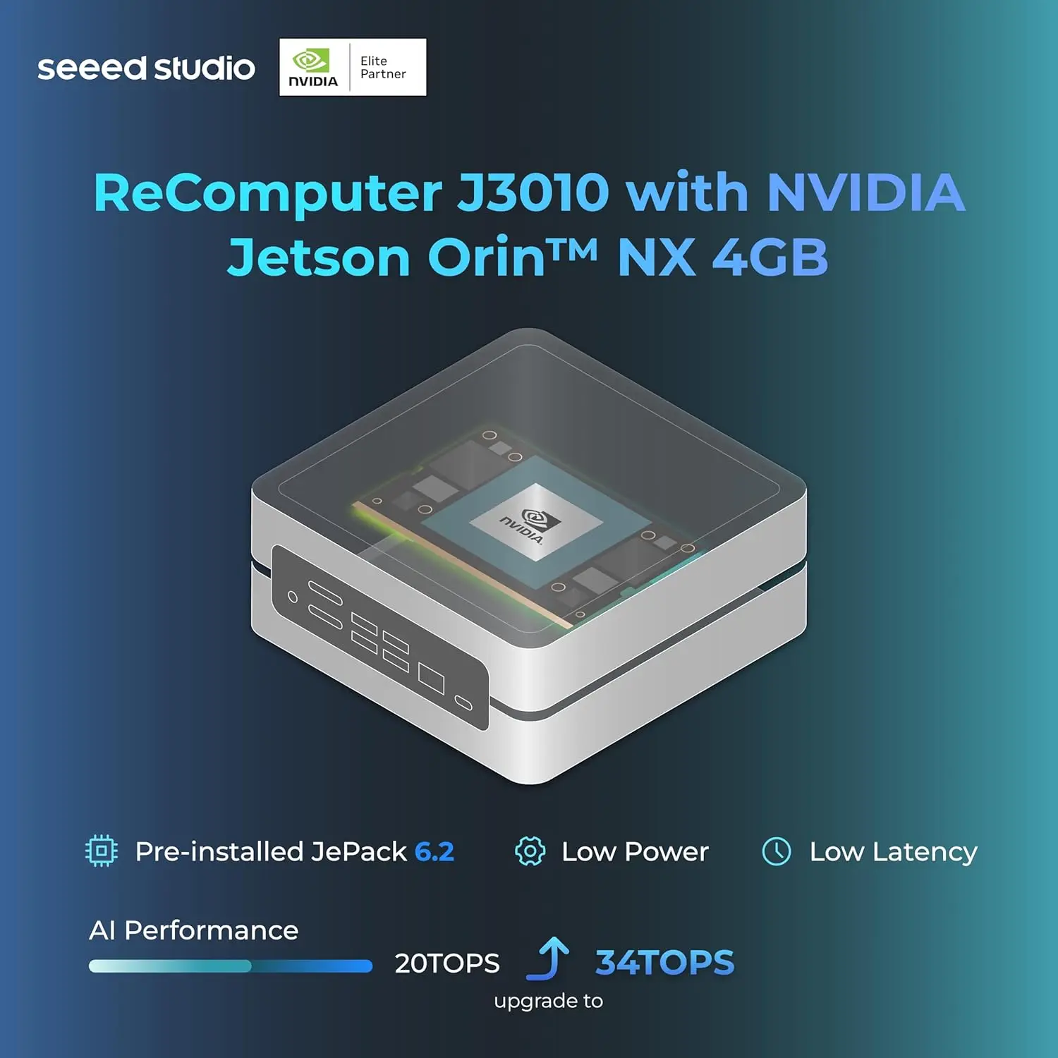 جهاز SeeedStudio NVIDIA Jetson Orin Nano 4GB Edge AI (يدعم وضع Super-reComputer J3010، 4xUSB 3.2، M.2 Key E&Key M Slot LB
