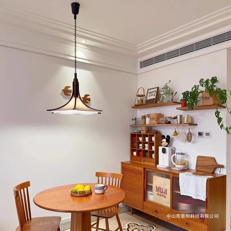 Lifting Solid Wood Chandelier Retro Wabi-sandy Wind Adjustable Retractable Tea Room Dining Table Fabric Study Restaurant Light