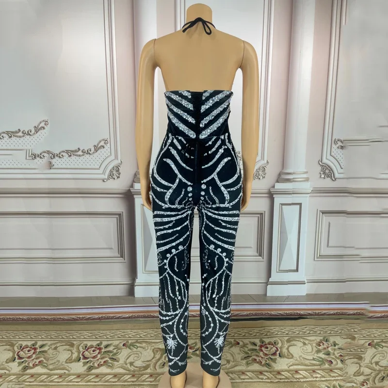 セクシーな黒のベルベットのラインストーンパネルロンパースホルタージャンプスーツポールダンス衣装女性ステージフェスティバル衣装絶賛服 XS4947