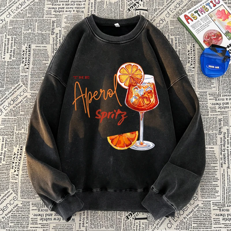 The Aperol Sprite Washed Sweatshirt Womens Fruit Cocktail Prints Tops Oversized Crewneck Cotton Pullover Winter Womans Clothes