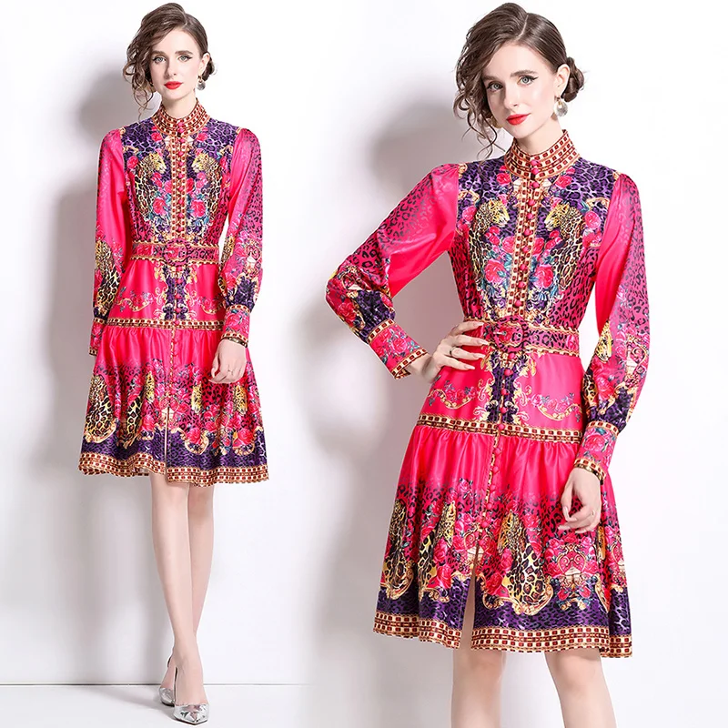 

Ele Floral Print Dr with Stand Collar Single Button Waist Belt Spring Faion Women's Polyester Fibre Long Sve Gown