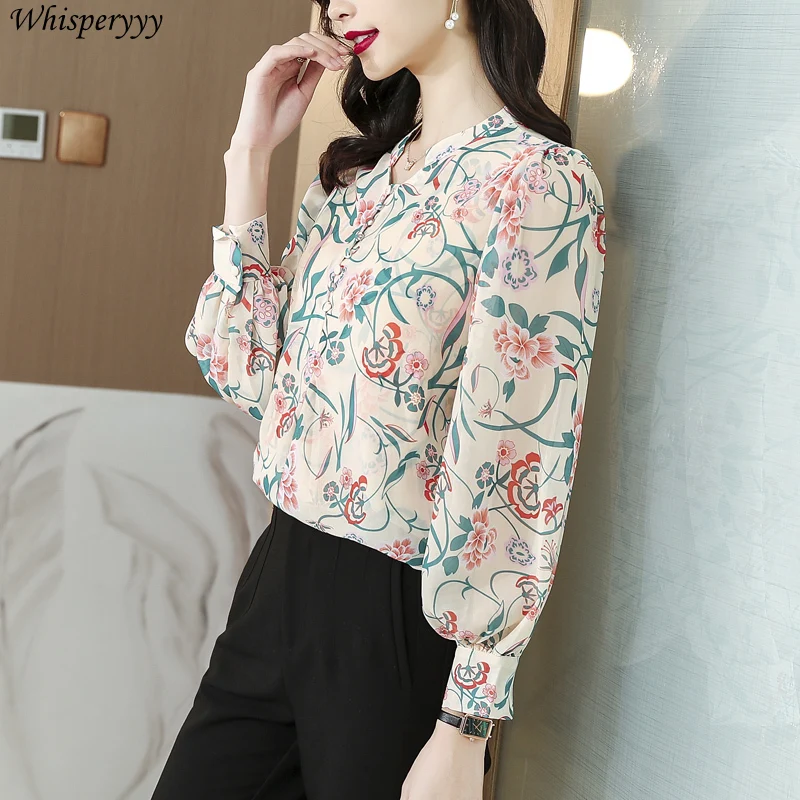 Printed Long-sleeved Shirt Women Clothes Spring Summer New Temperament Fashion Casual Office Tops Female Stand Collar Blouse