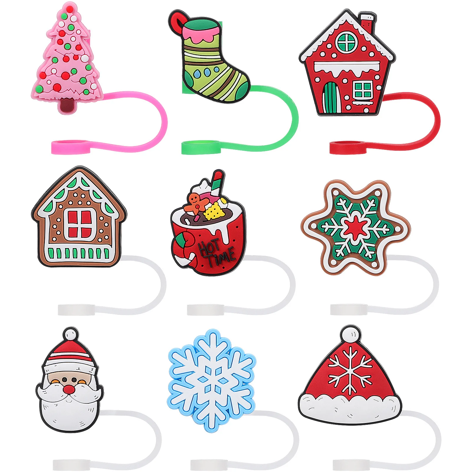 

9 Pcs Xmas Straw Caps Covers Christmas Tree Drinking for Straws Silicone Tips Cute Topper