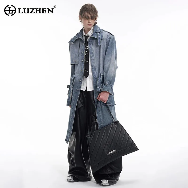 LUZHEN 2025 Spring Shawl Patchwork Design Loose Denim Windbreaker Coat Men's Fashion High Quality Vintage Elegant Trench LZ8606