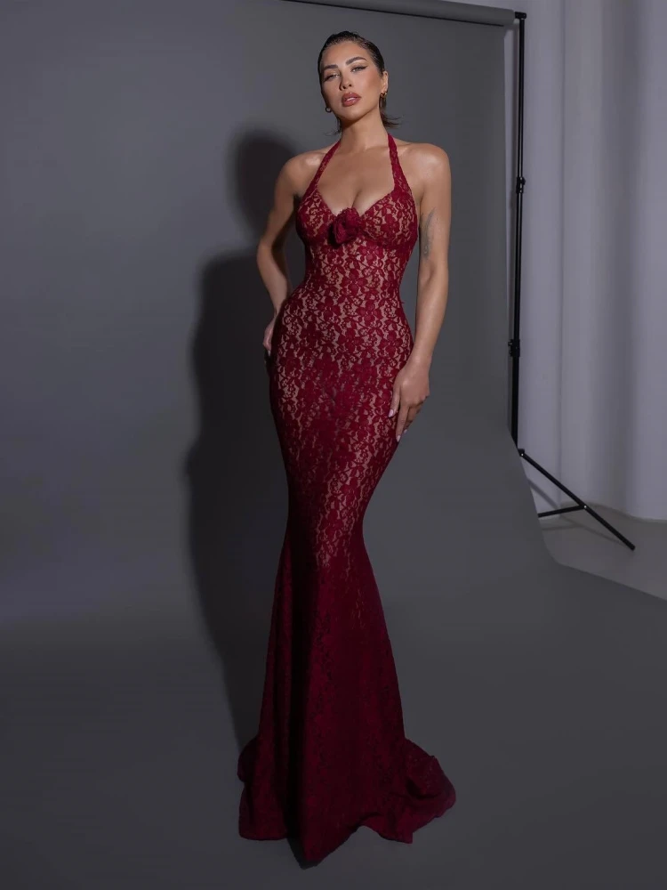 Sexy Halter Flower Lace Long Mermaid Dress Women Burgundy Sleeveless Backless Slim Maxi Dresses Elegant Party Runway Gowns