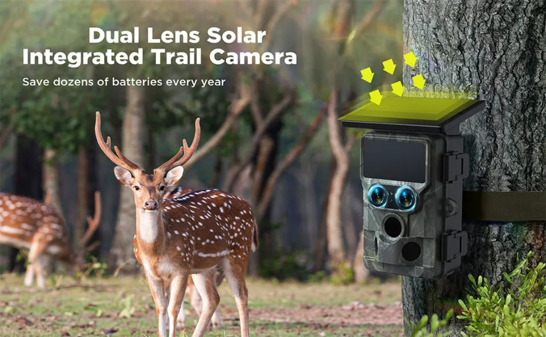 SunGusOutdoors 4K 60MP WiFi Solarbetriebene Wildtier-Wildkamerafalle mit zwei Objektiven und 13MP SONY Native Sensor App-Einstellung – Detail 1