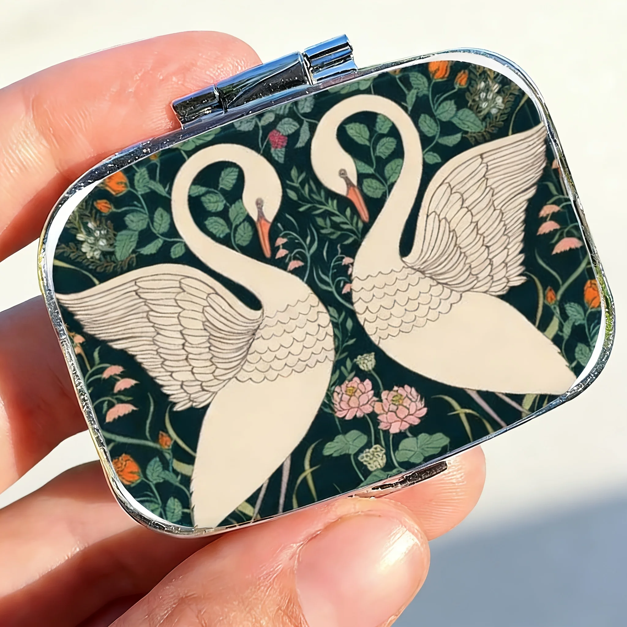 Swan Flower Green Square Pill Box, Mini Pill Box, 2-Compartment Pill Organizer, Portable Home Storage Box, Travel Essential, Stylish and Compact, Suitable for Wallet, Travel-Friendly, Valentine's Day