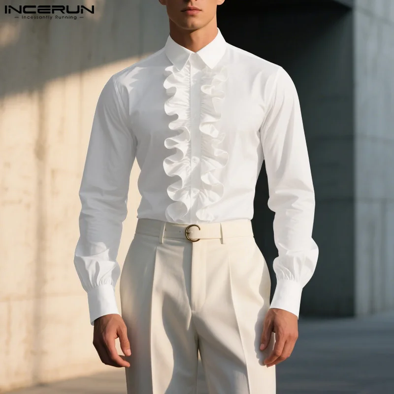 

INCERUN Мужская рубашка, однотонная, с лацканами, с длинными рукавами и пуговицами, свободная мужская одежда, уличная одежда с рюшами, 2025 г., элегантные модные повседневные топы