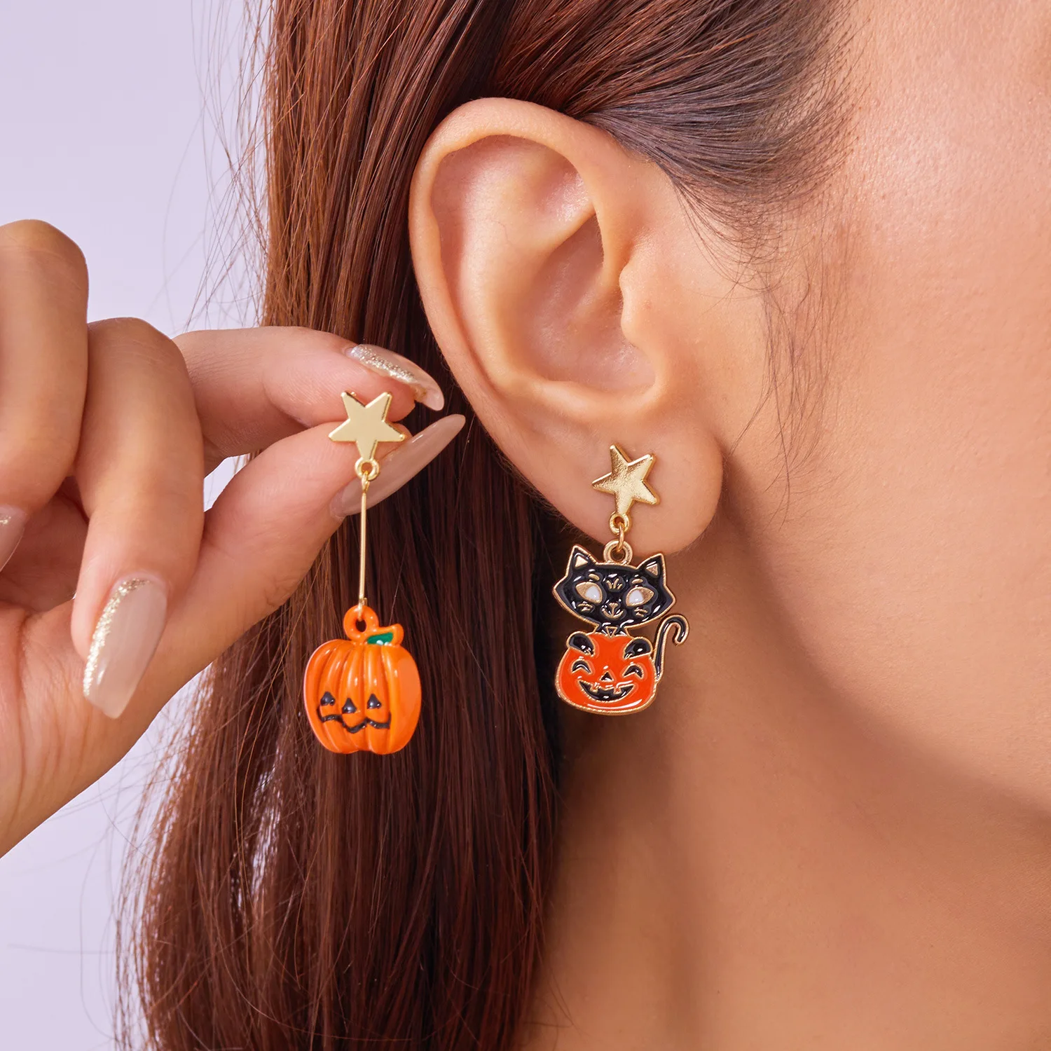 Europe and America Halloween Multi Colored Drip Glue Pumpkin Cat, Skull Wearing Windbreaker, Spider Weaving Flowers Earrings