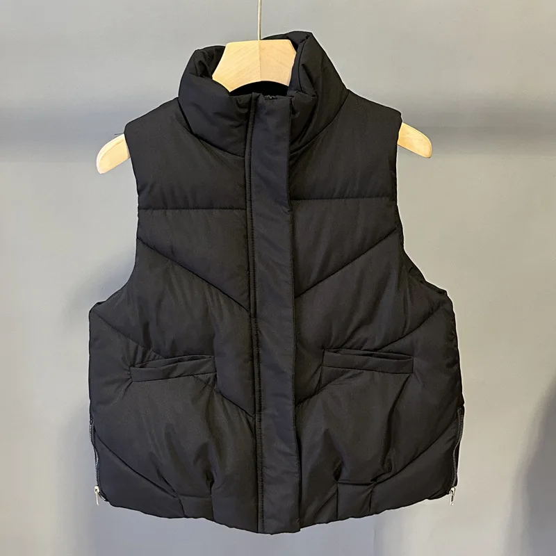 Femmes gilet Parkas manteaux courts solide col montant régulier sans manches épais chaud vestes hiver 2025 épissure fermeture éclair poches manteau
