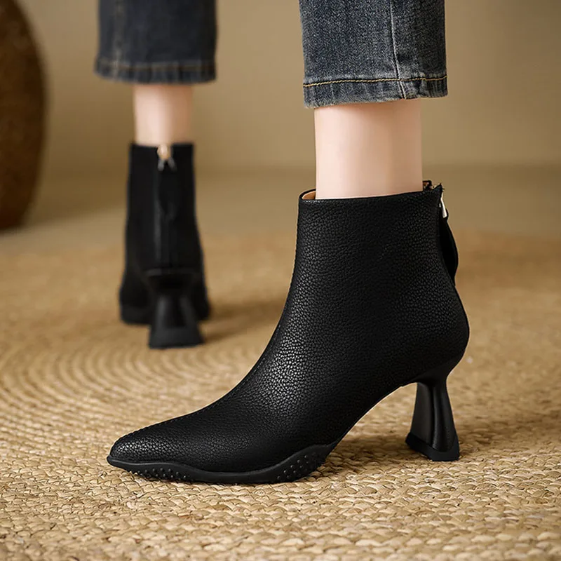 جلد طبيعي المرأة الكاحل الجوارب أشار تو الظهر زمم رقيقة عالية الكعب مكتب سيدة أحذية 2025 جديد Phoentin FT4241