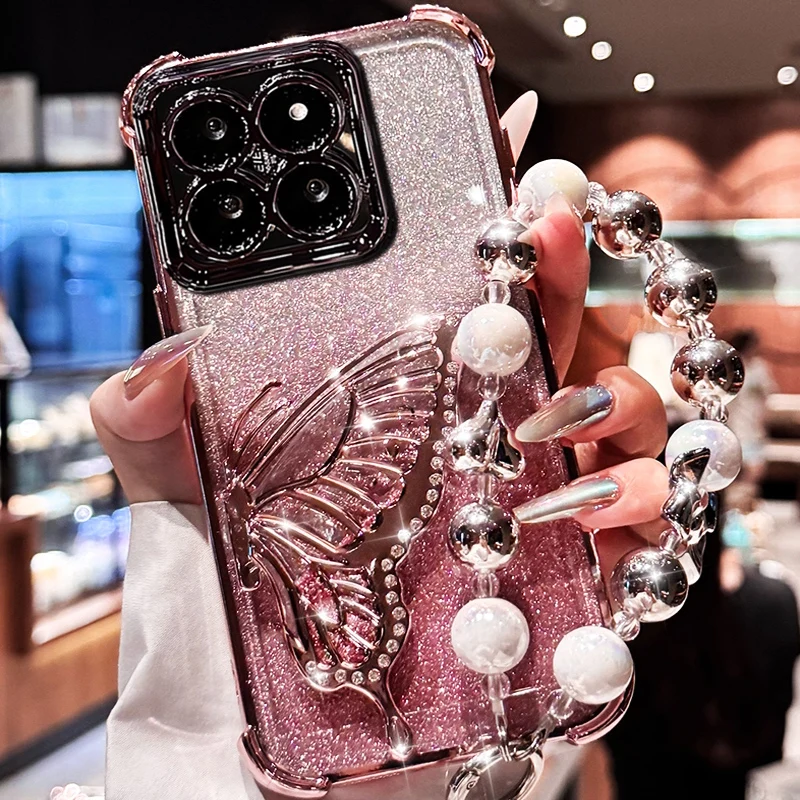 Shockproof Plating Glitter Butterfly Bracket Bracelet Case for iPhone 17 Air 16 15 14 13 12 11 17 Pro Max 16 Plus 16E Soft Cover
