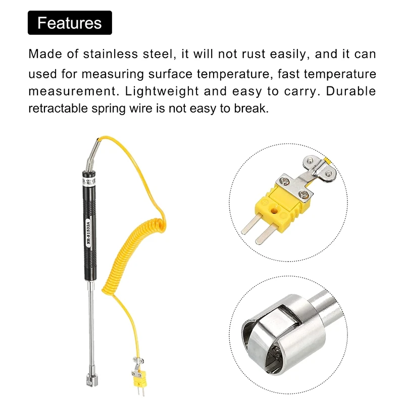 K Type Surface Thermocouple Temperature Probe Sensor Stainless Steel -58 To1472°F (-50 To 800°C) 6.6Ft 15Mm OD