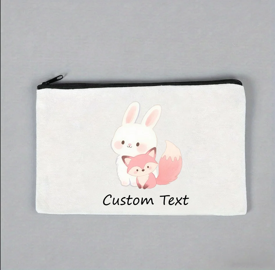 1PC Custom Text Cute Bunny And Pink Fox Print Cosmetic Bag Personalized Canvas Zipper Makeup Pouch