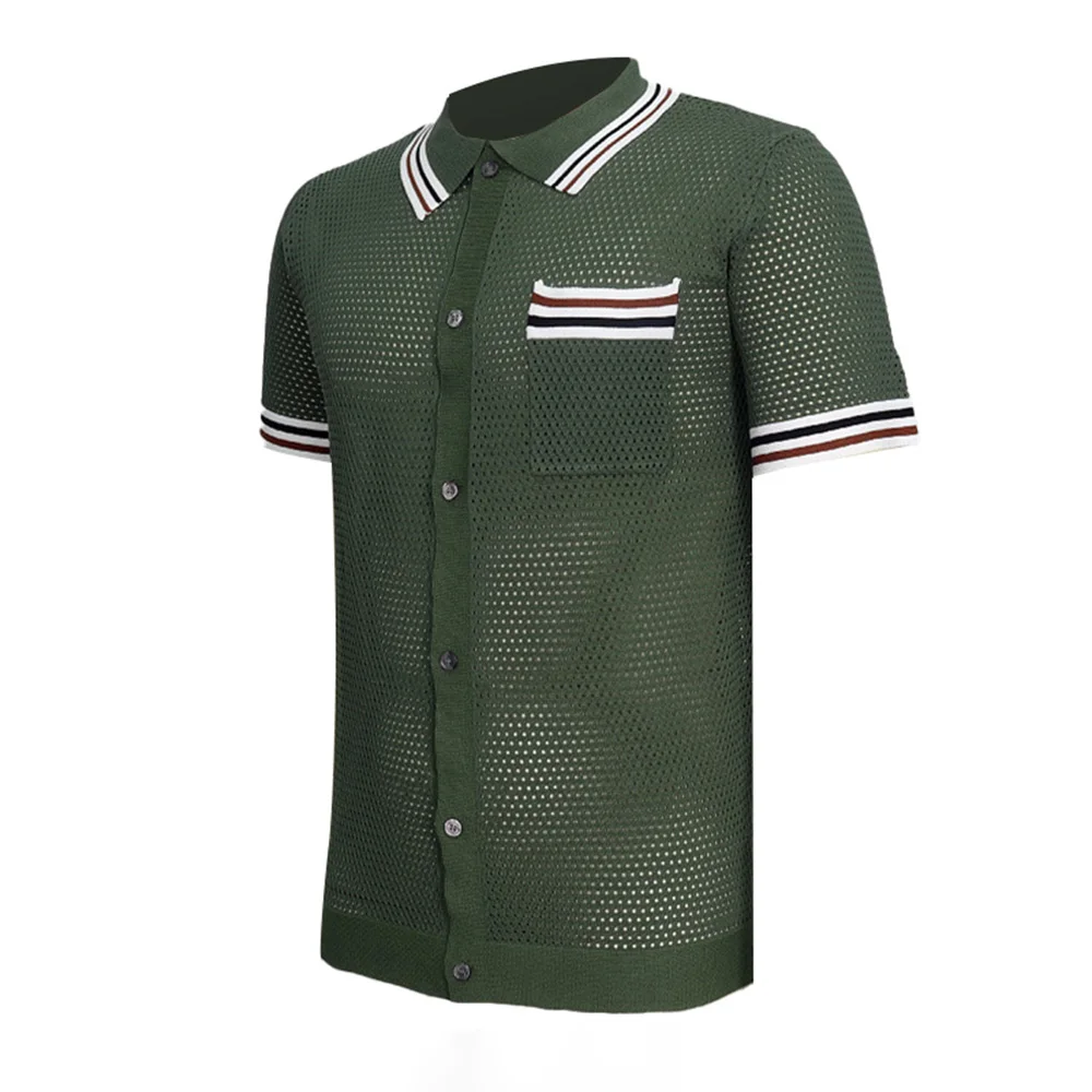 Heren Shirt Holle Ademende Gebreide Vest Polo Shirt Gestreepte Randen Gelaagd Design Moderne Zomer Heren Top Korte Mouw 2024