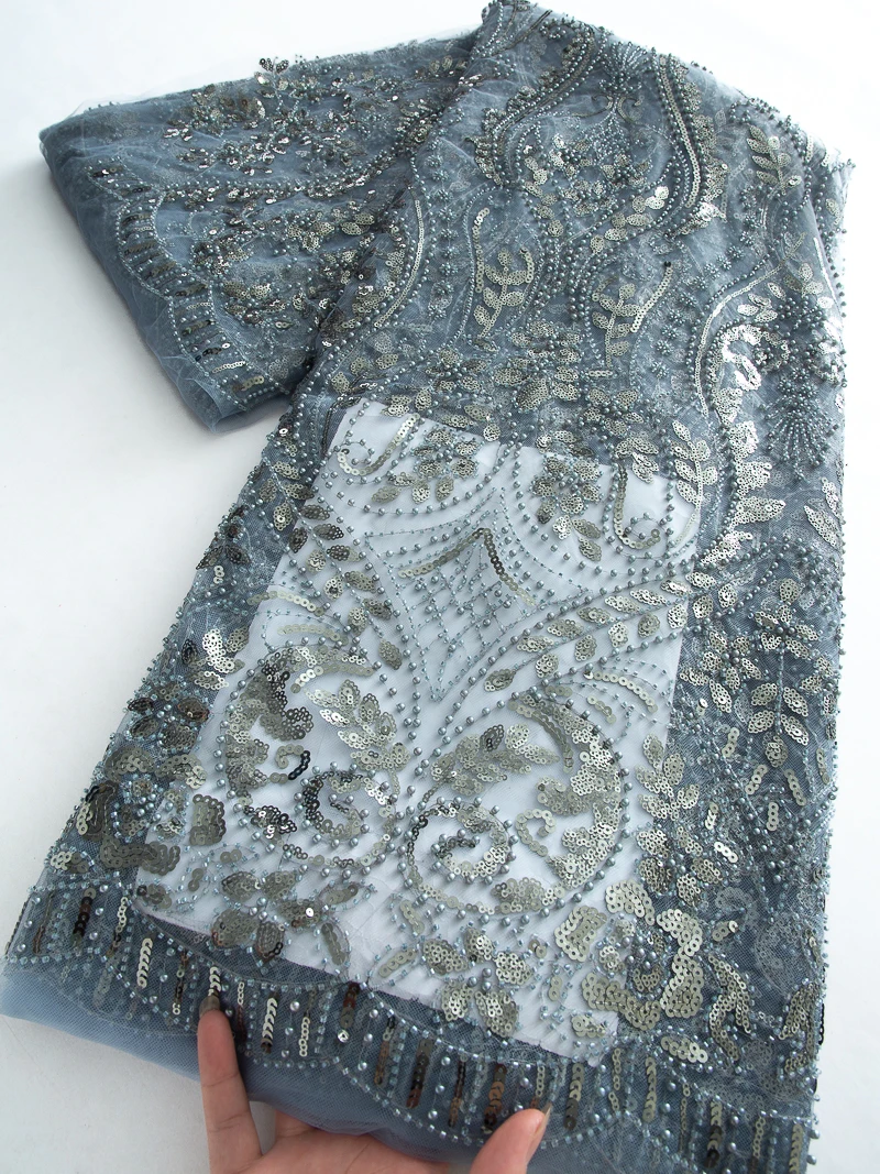 

Африканское кружево 2026: Французская ткань с вышивкой и пайетками для женщин, зеленый тюль с бисером, модная сетчатая ткань, 5 ярдов, для шитья, TY4470