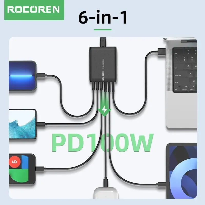 Rocoren 100W USB Charger Type C PD Fast Charging Multiple 6 Ports Desktop Charger Station For iPhone 14 13 Pro Xiaomi POCO