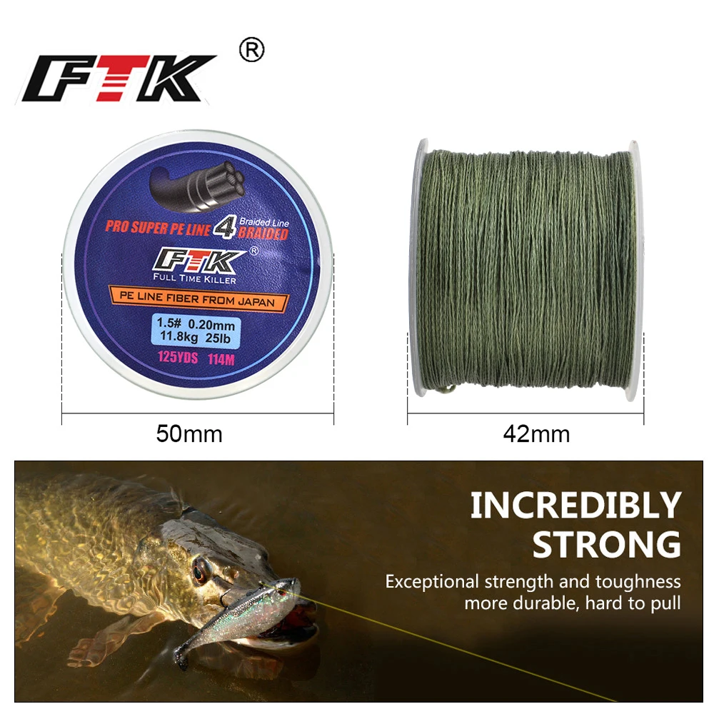 FTK 114M PE Braided Wire Fishing Line 125Yards 4 Strands 0.10mm-0.40mm 8LB-60LB Incredibly Strong Multifilament Fiber Line