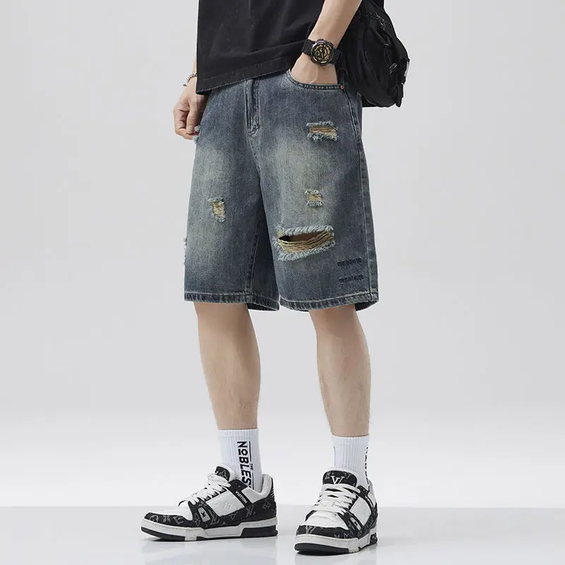 

Summer 2025 Washed Retro Ripped Denim Shorts Boys Loose Straight Wide-leg Medium Short Jeans Design Sense Embroidered Half Pants