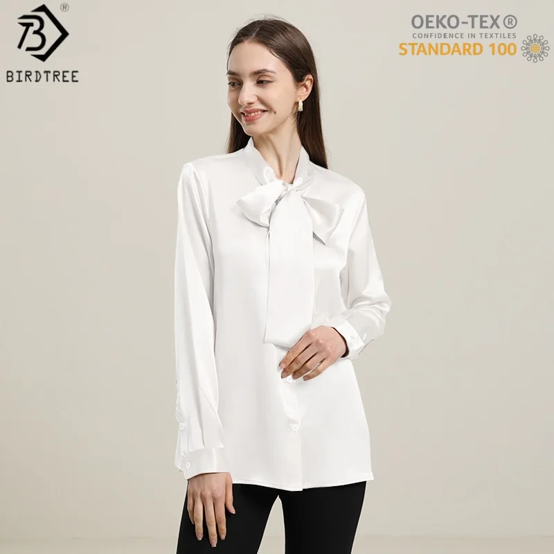 

Birdtree,OEKO-TEX,19MM 100% Real Silk Blouse,Single Breasted,Full Sleeve,Women Ribbon Casual Elegant Shirt,2026 New T61202JF