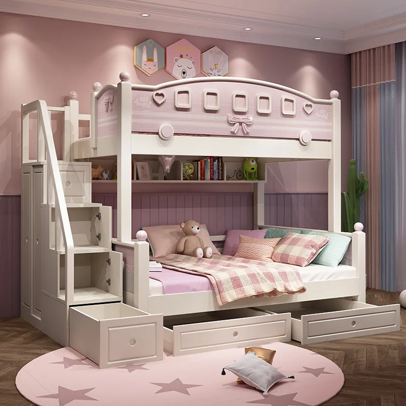 

All solid wood two-storey children's bed upper and lower bunk girls, princess bunk bed, butterfly bunk bed, double high and low