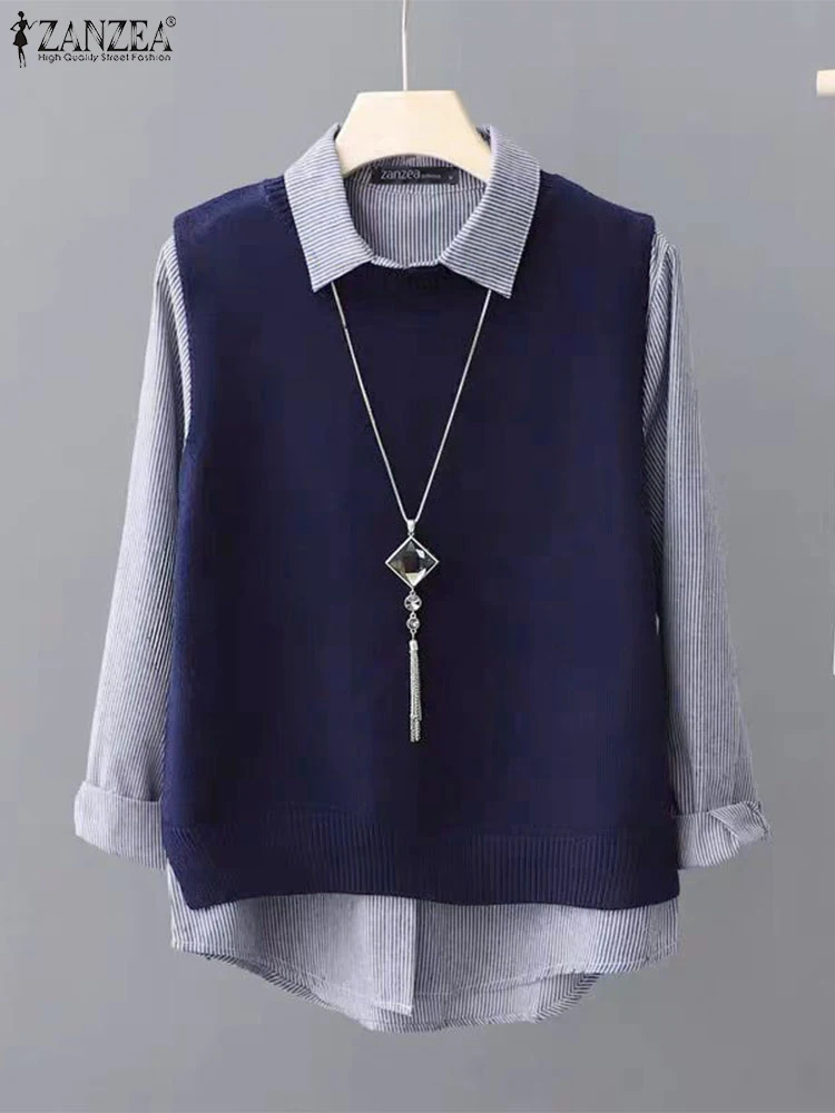 

ZANZEA Women Office Lady Pullover Fashion Striped Stitching Hoodies Vintage Lapel Collar Jumpers Holiday Long Sleeve Shirt Tops