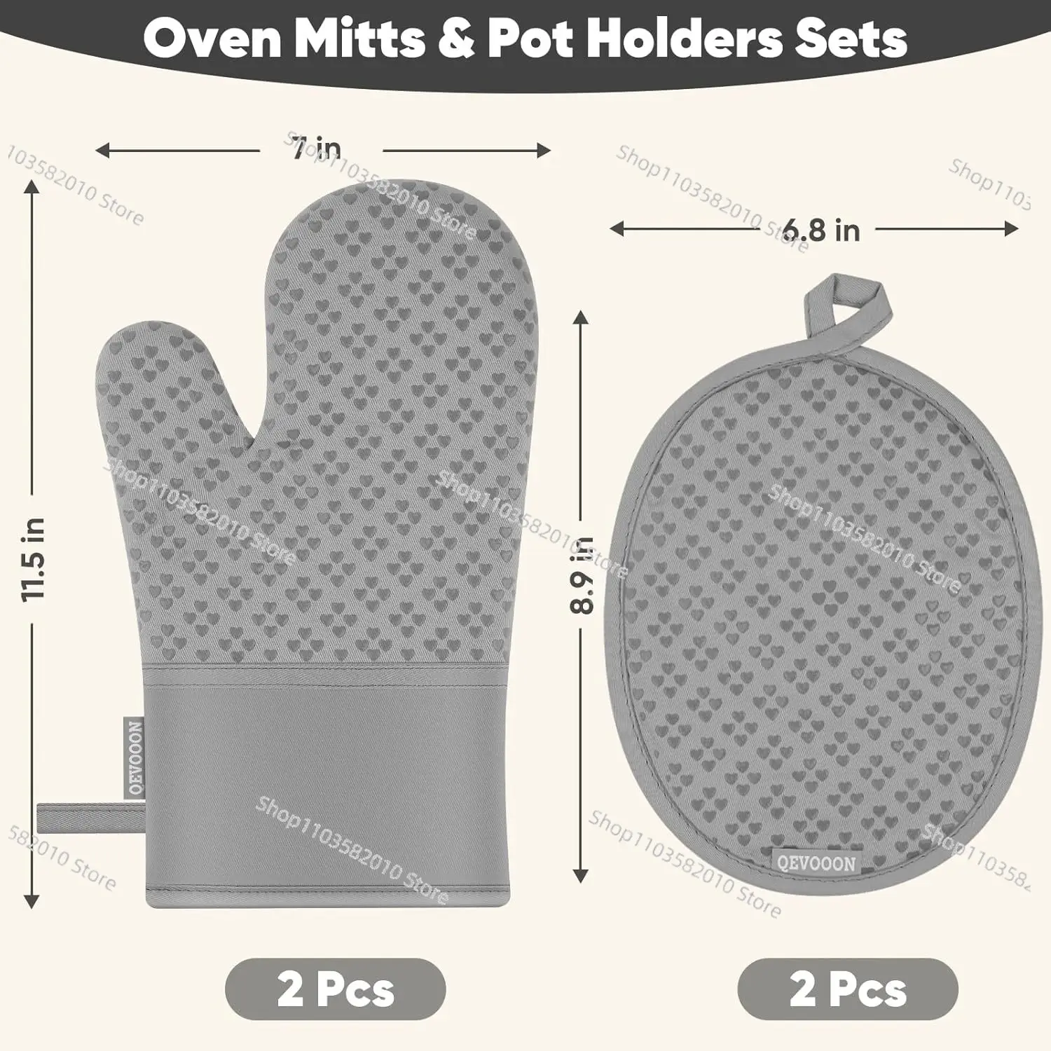 4-Piece Oven Mitts & Pot Holders Set Heat Resistant 500F Non-Slip Silicone Surface Extra Long Gloves Grey Kitchen Essentials