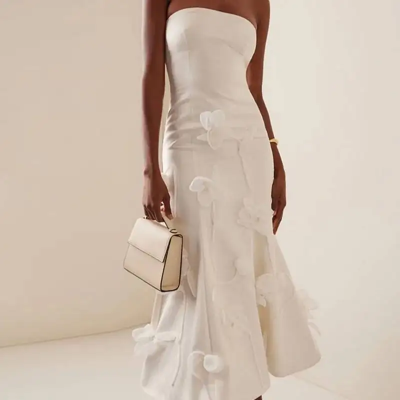 فساتين أنيقة مزخرفة بالزهور طويلة للنساء مثيرة بدون حمالات بدون أكمام بقصة ضيقة للحفلات فستان أبيض عالي الخصر #2