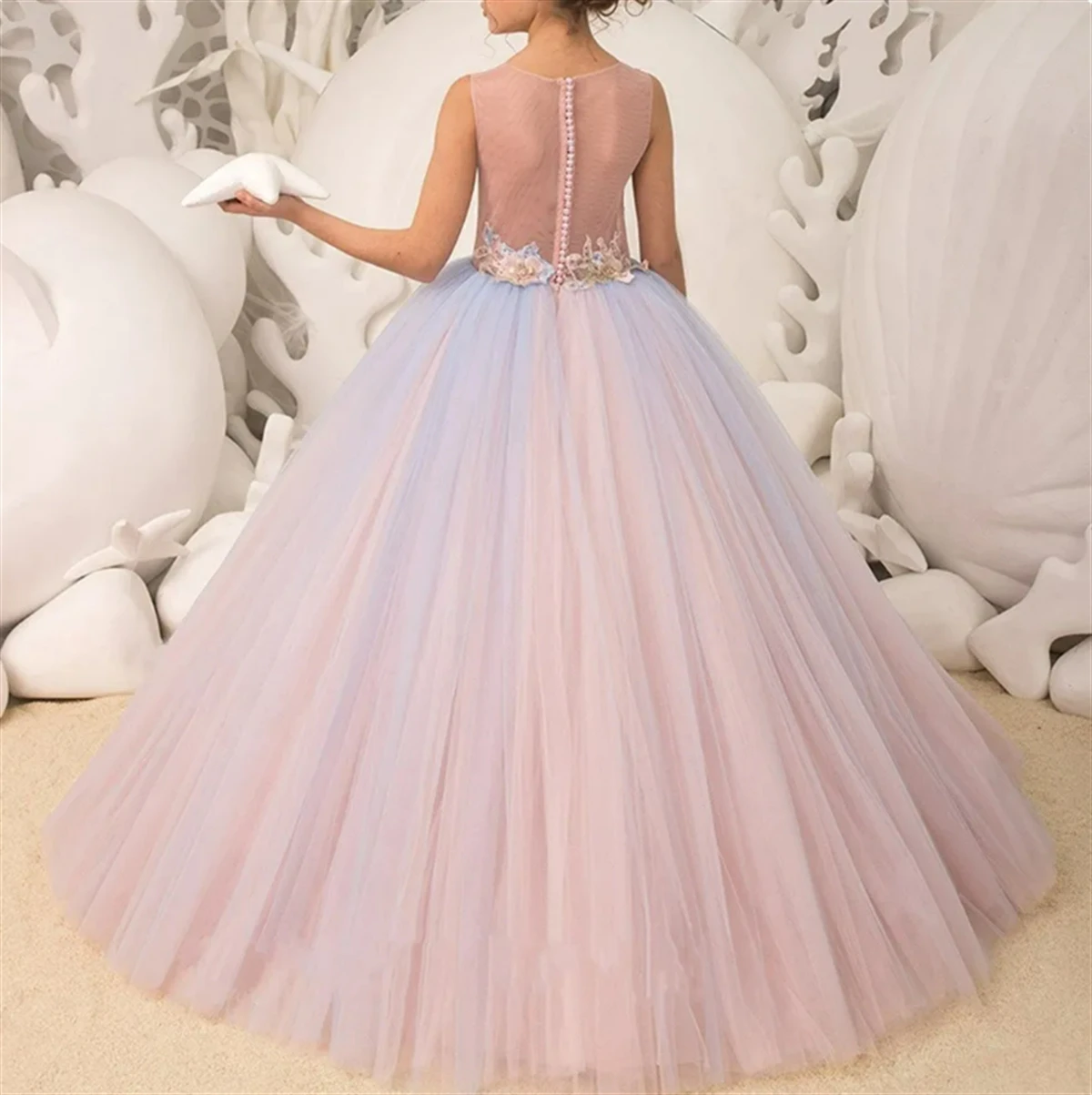 Tulle Fluffy Applique Flower Girl Dress For Wedding Floor Length Sleeveless Elegant Child First Eucharistic Birthday Party Dress