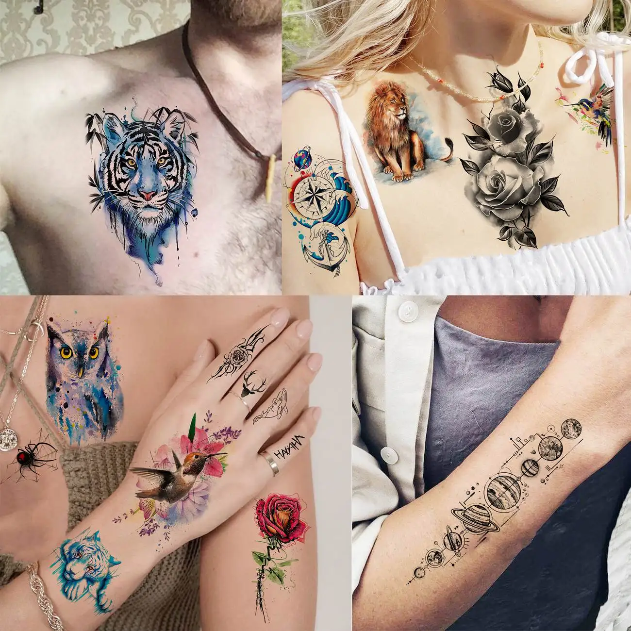 Tatuajes temporales de Tigre, León y búho para hombres y mujeres, pegatina de tatuaje realista, esqueleto, flor, Kits de tatuajes falsos, 31 hojas