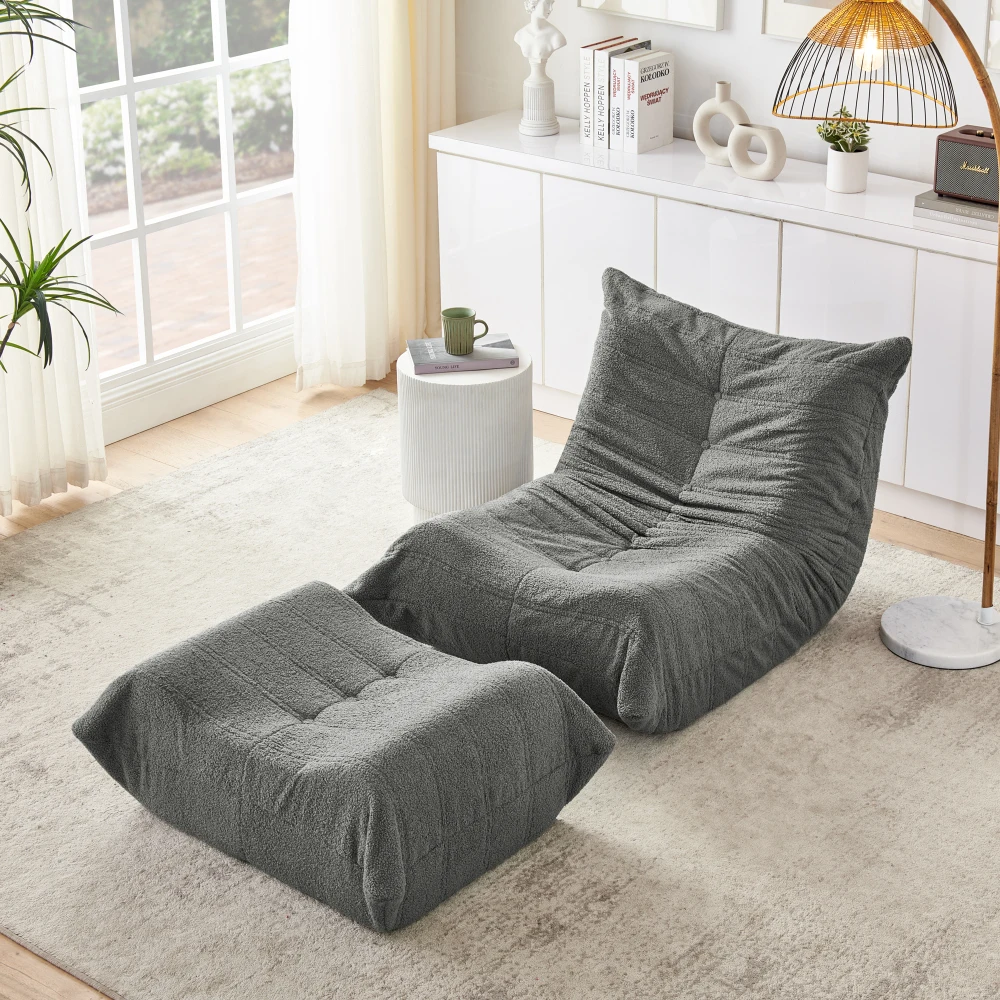 Image of Bequemer Relaxsessel mit Rückenlehne & Fußhocker, Weicher Fell-Bodenstuhl, Komfortabler Einzel-Loungesessel für Wohnzimmer, Schlafzimmer, Studio, Apartment, Gemütlicher Entspannungssitz