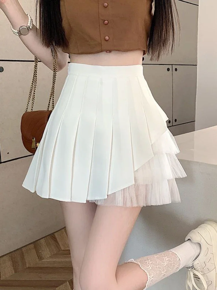 2024 New White Mesh Patchwork A-line Slim Fit Skirt Casual Women Summer Short Skirt Fresh Sweet Irregular High Waist Mini Skirts