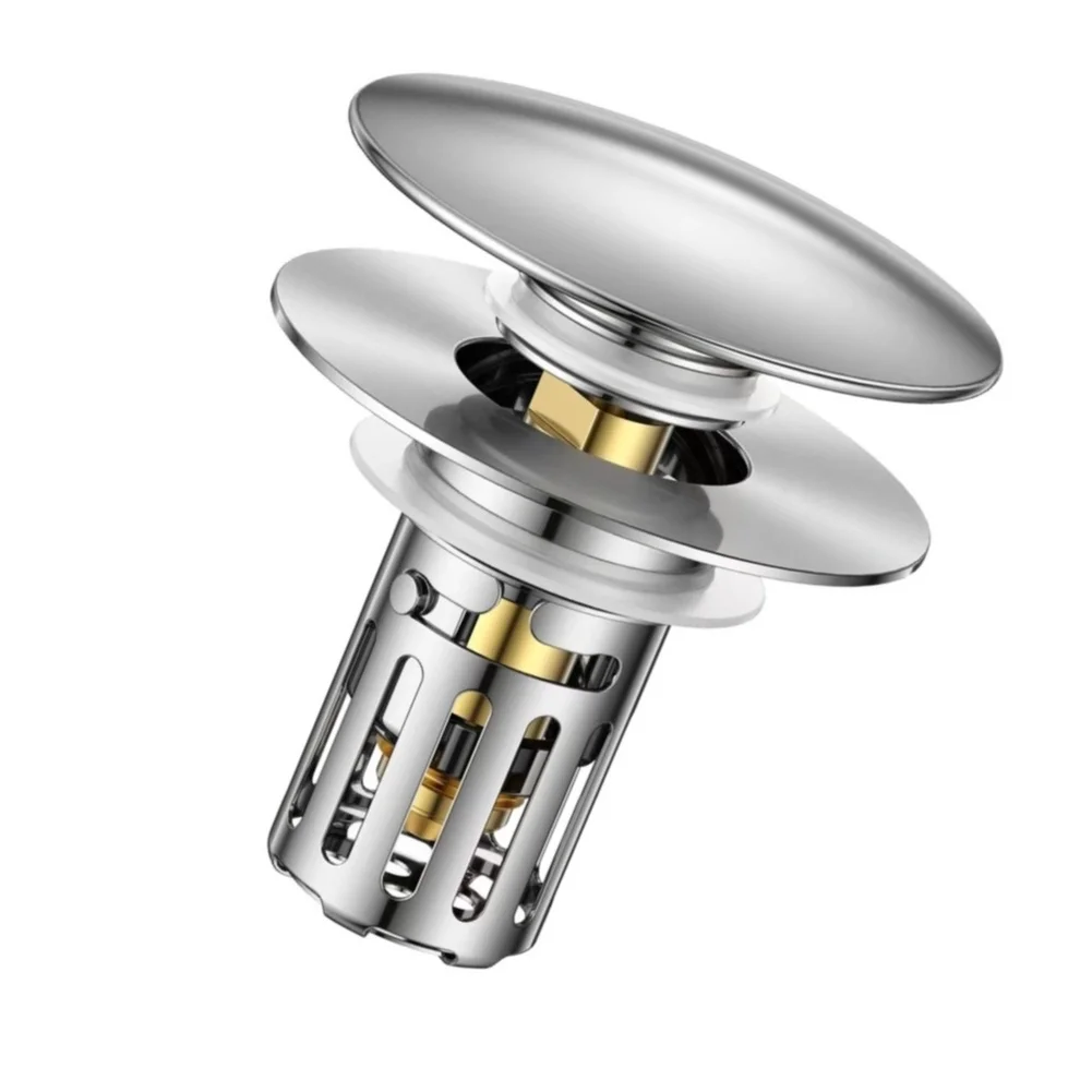 Bathroom Sink Stopper with Hair Catcher for US Standard Drains 1.1 to 2.36 Inches Chrome Stainless Steel Brass Core